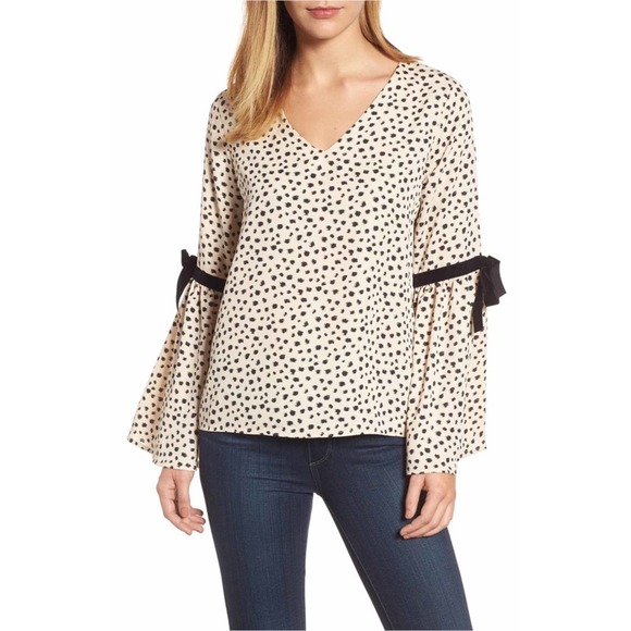 Halogen bell sleeve velvet tie top beige black 1X - Picture 1 of 5